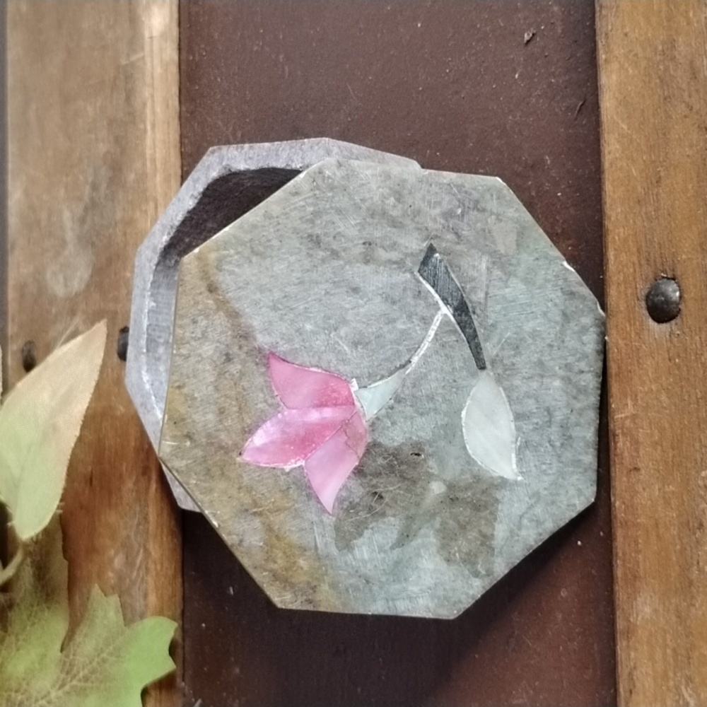 Octagonal Stone Trinket Box with Floral Inlay